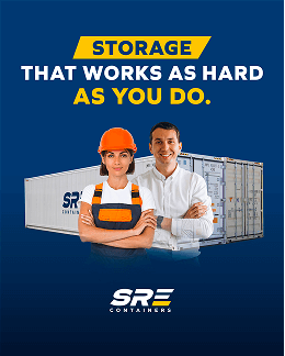 SRE Containers ad featuring a female construction worker and a man with the slogan ‘Storage that works as hard as you do.’
