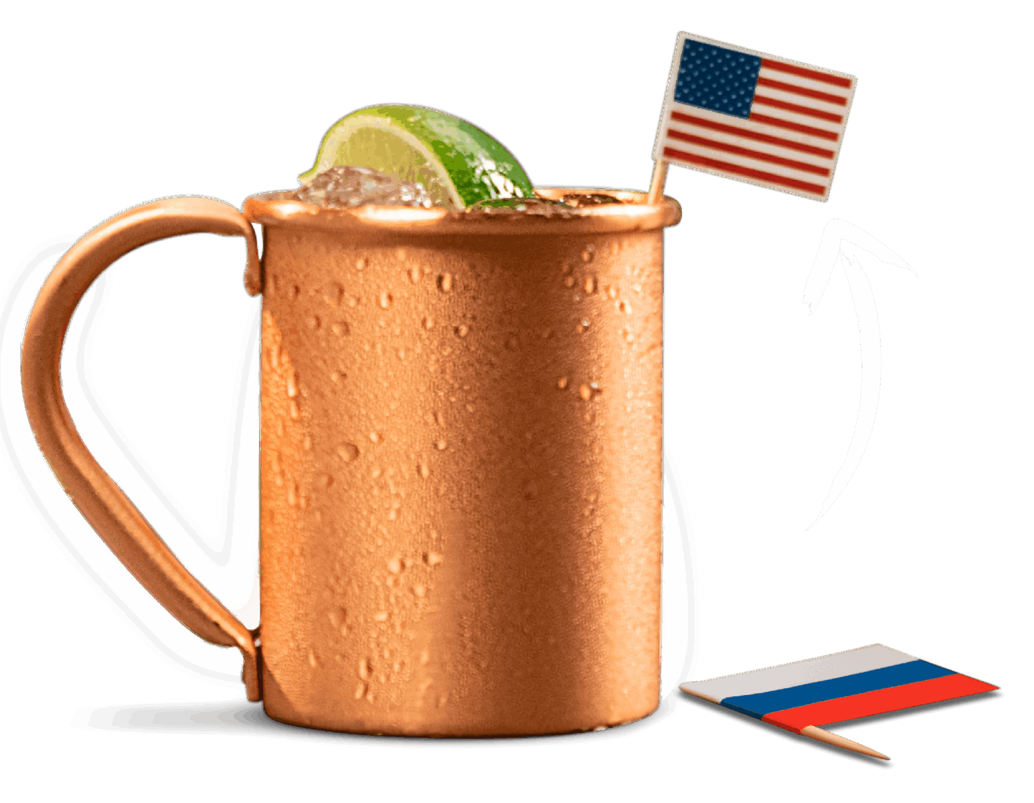 Copper mug with American Stallion cocktail with the US flag on the mug and the Russian flag on the floor