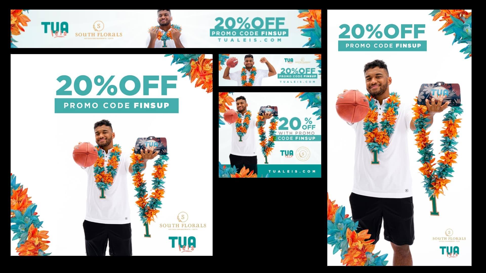 Collage of promotional ads featuring a smiling man holding a basketball and wearing orange and teal floral leis, offering 20% off with promo code FINSUP for Tua Leis by South Florals.