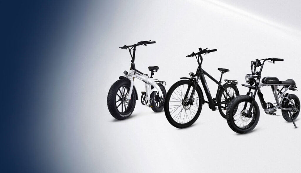 Lineup of three Jupiter Bike electric bicycles