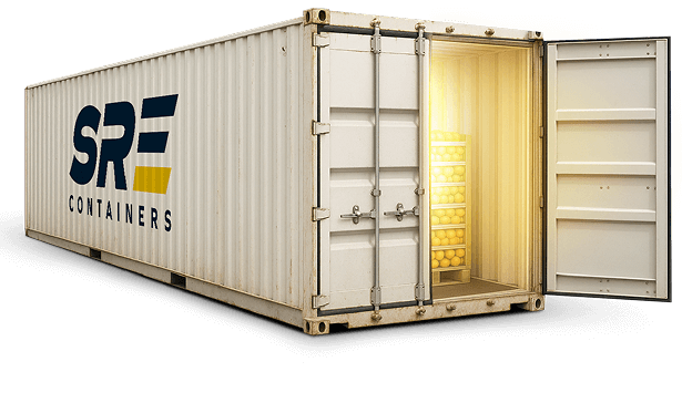 White SRE Containers shipping container with its doors open, revealing stacks of glowing golden items inside