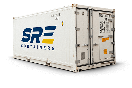 White SRE Containers shipping container with company logo displayed on the side, shown with closed doors