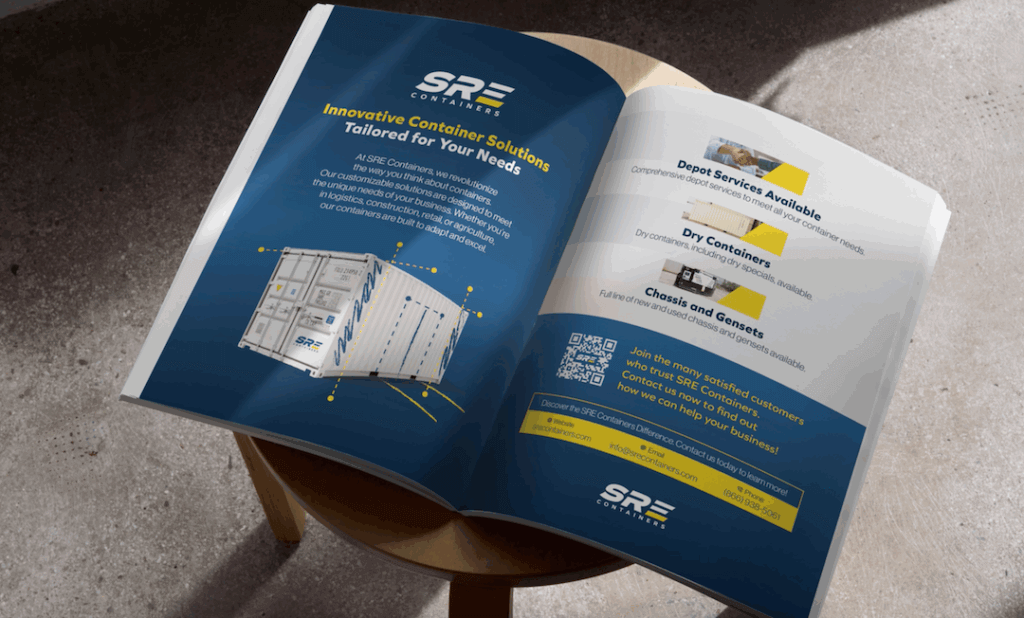 Open magazine on a chair displaying an SRE Containers advertisement featuring innovative container solutions, product offerings, and contact information.