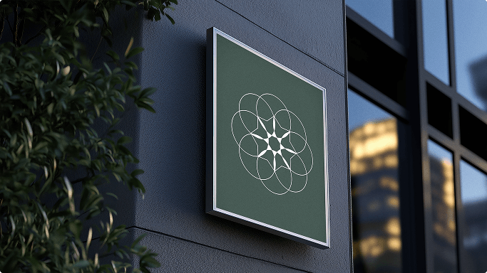 Mockup of the Cinergy Spaces brand mark on a sign